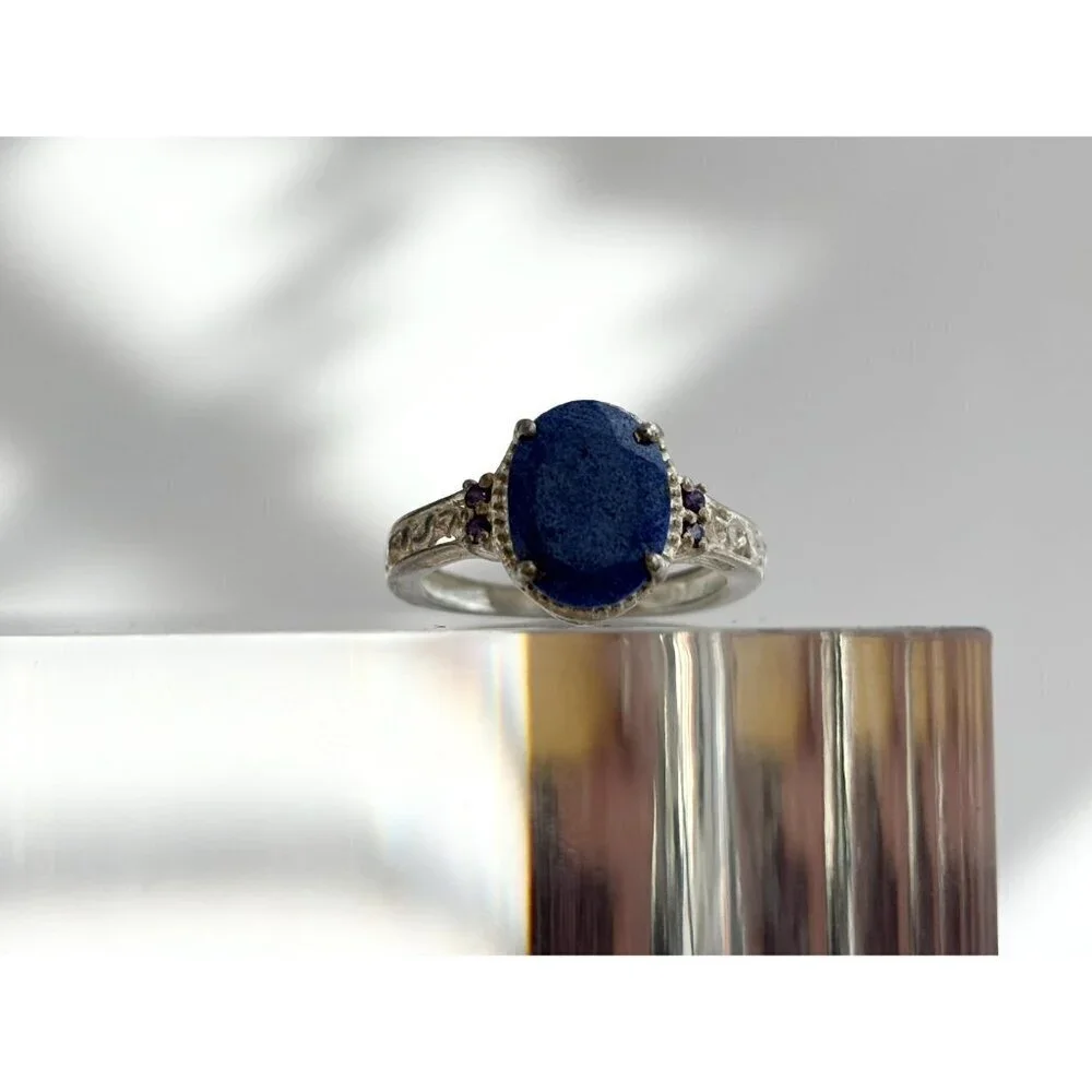 Lapis Lazuli Oval Cut Ornate Cutout Sterling Silver Vintage Ring - sz 4.75 - Picture 2 of 10